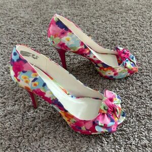 Fioni Floral Print Peep Toe Heels Pink Fabric Bow Stiletto Women's Size 7